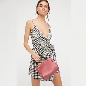 FREE PEOPLE Nodia Check Wrap Mini Dress 6 Black Gingham Plaid Woven Cotton
